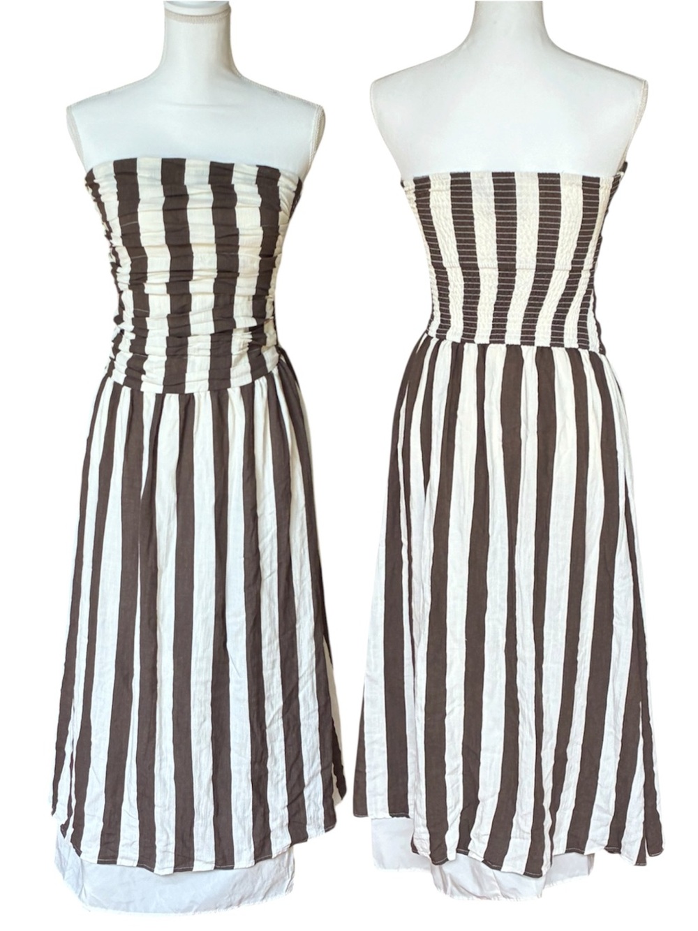 Moon River Brown White Stripe Strapless Smocked Boho Summer Midi Dress Size XS‎